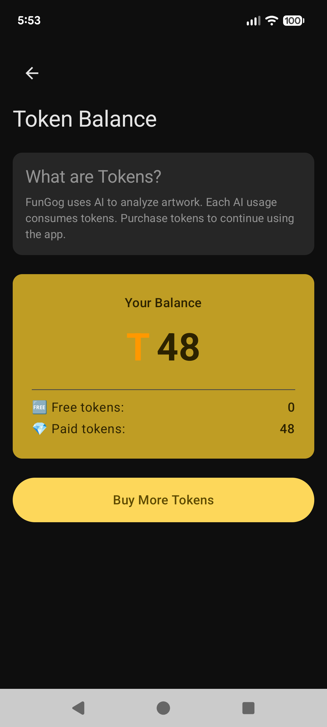 Buy tokens screen